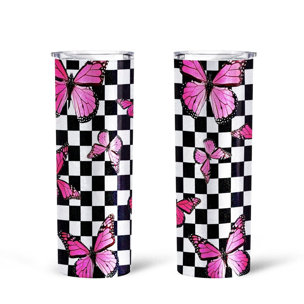 Pink Butterfly Tall Glitter Tumbler Custom Checkerboard Pattern - Gearcarcover - 2