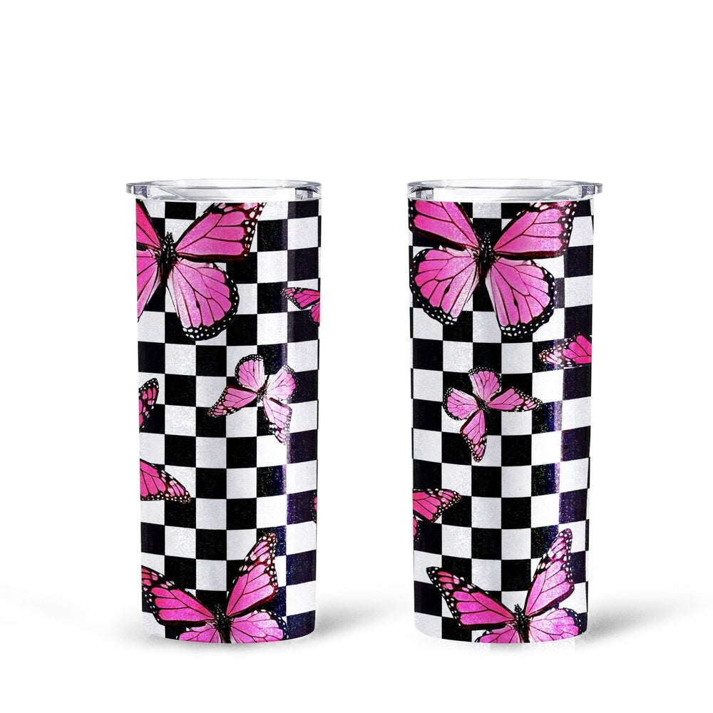 Pink Butterfly Tall Glitter Tumbler Custom Checkerboard Pattern - Gearcarcover - 1