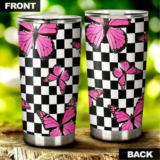 Pink Butterfly Tumbler Cup Stainless Steel Custom Checkerboard Pattern - Gearcarcover - 2