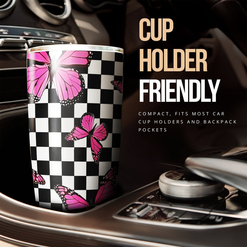 Pink Butterfly Tumbler Cup Stainless Steel Custom Checkerboard Pattern - Gearcarcover - 3