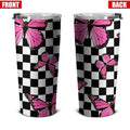 Pink Butterfly Tumbler Cup Stainless Steel Custom Checkerboard Pattern - Gearcarcover - 4