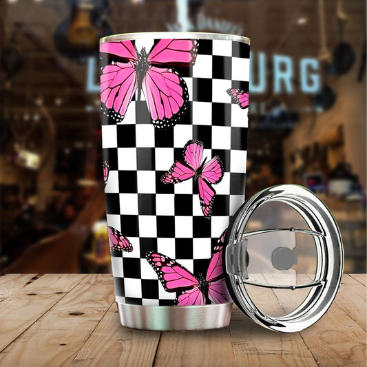 Pink Butterfly Tumbler Cup Stainless Steel Custom Checkerboard Pattern - Gearcarcover - 1