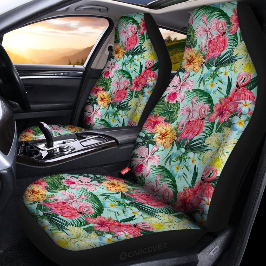 Pink Flamingo Car Seat Covers Custom Plumeria Hibiscus Tropical Flower Car Accessories - Gearcarcover - 2