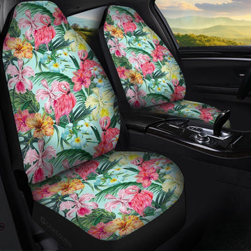 Pink Flamingo Car Seat Covers Custom Plumeria Hibiscus Tropical Flower Car Accessories - Gearcarcover - 1
