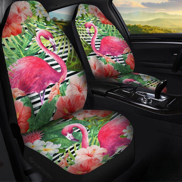 Pink Flamingo Car Seat Covers Custom Tropical Leaves Hibiscus Flower Car Interior Accessories - Gearcarcover - 1