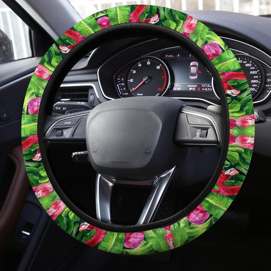 Pink Flamingo Steering Wheel Covers Custom Tropical Leaves Car Accessories - Gearcarcover - 2