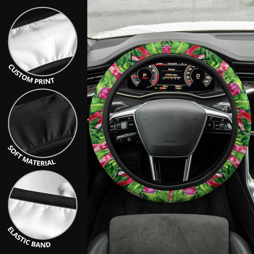 Pink Flamingo Steering Wheel Covers Custom Tropical Leaves Car Accessories - Gearcarcover - 3