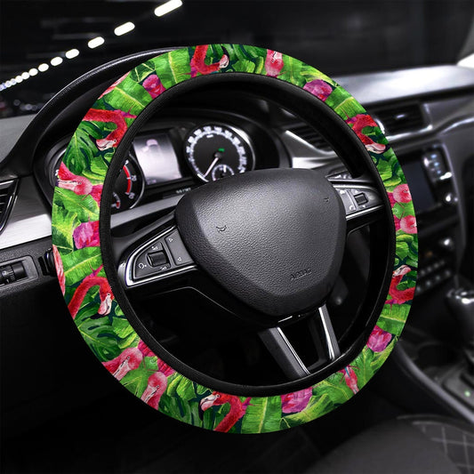 Pink Flamingo Steering Wheel Covers Custom Tropical Leaves Car Accessories - Gearcarcover - 1