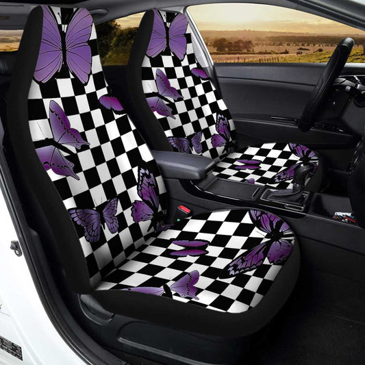 Purple Butterfly Car Seat Covers Custom Checkerboard Car Accessories - Gearcarcover - 2