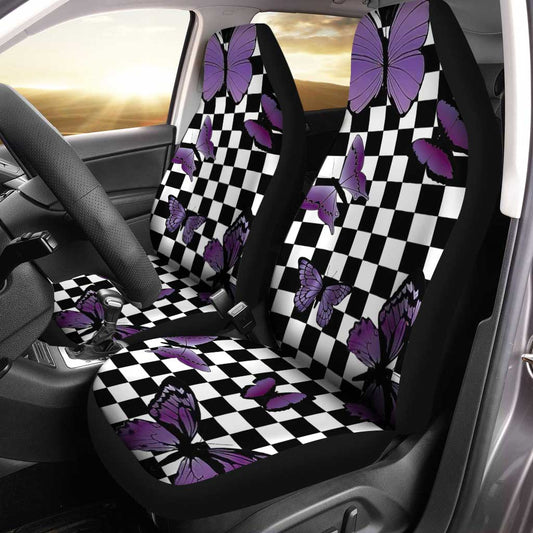 Purple Butterfly Car Seat Covers Custom Checkerboard Car Accessories - Gearcarcover - 1