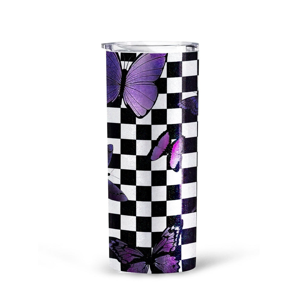 Purple Butterfly Tall Glitter Tumbler Custom Checkerboard Pattern - Gearcarcover - 3