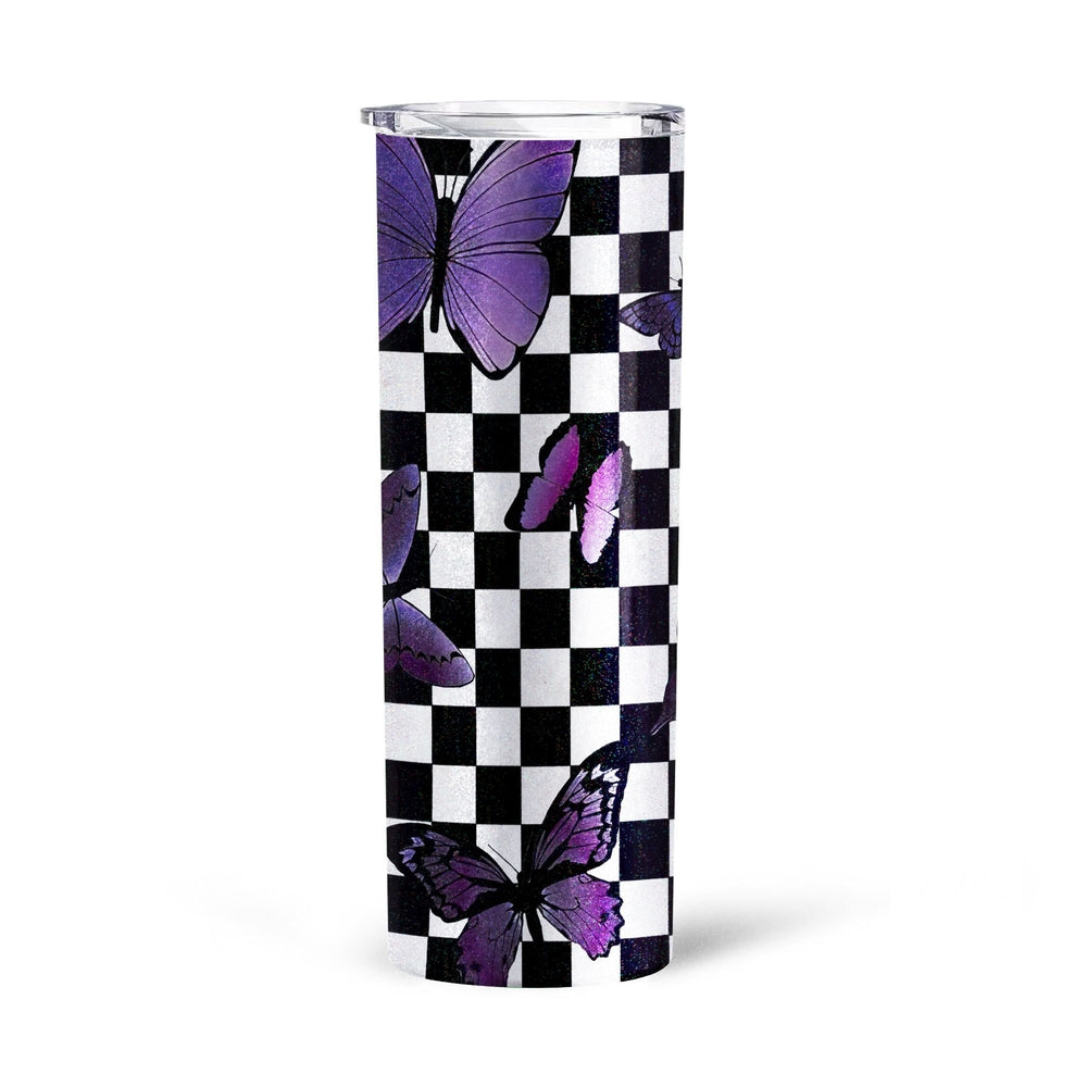 Purple Butterfly Tall Glitter Tumbler Custom Checkerboard Pattern - Gearcarcover - 4