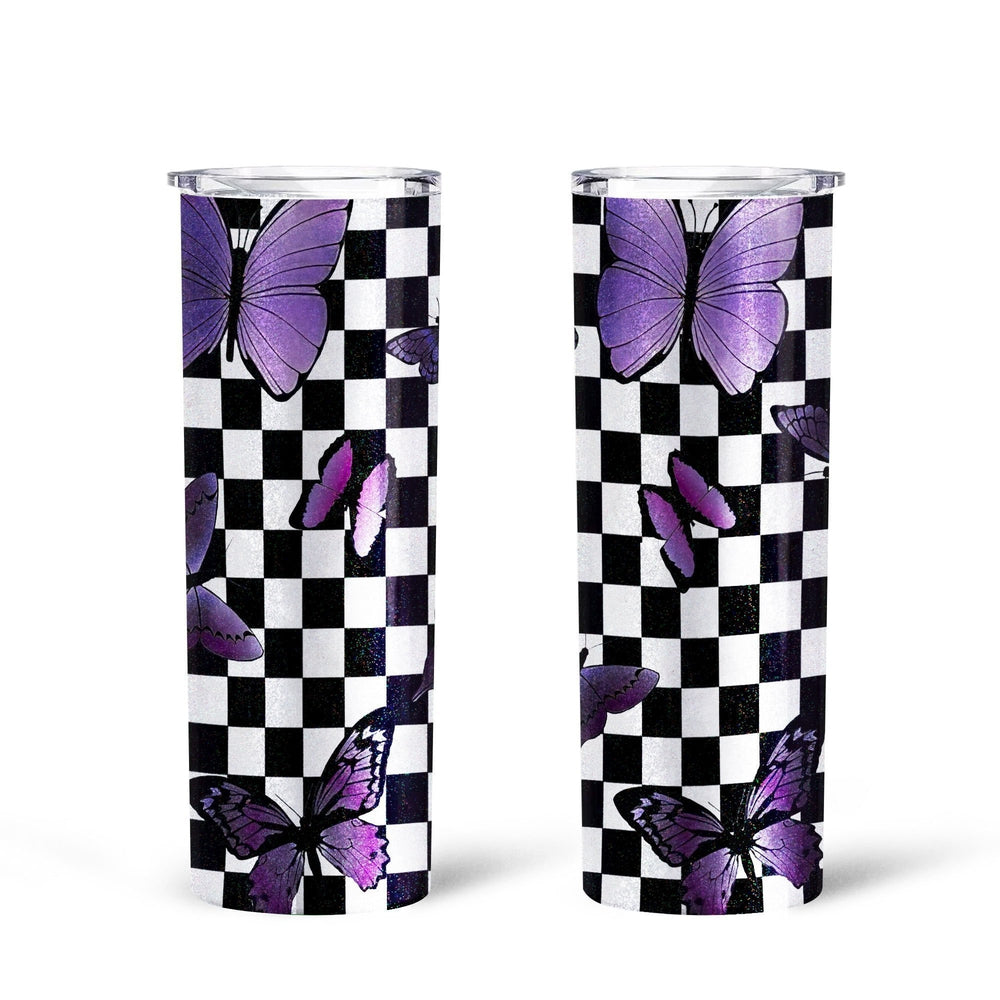 Purple Butterfly Tall Glitter Tumbler Custom Checkerboard Pattern - Gearcarcover - 2