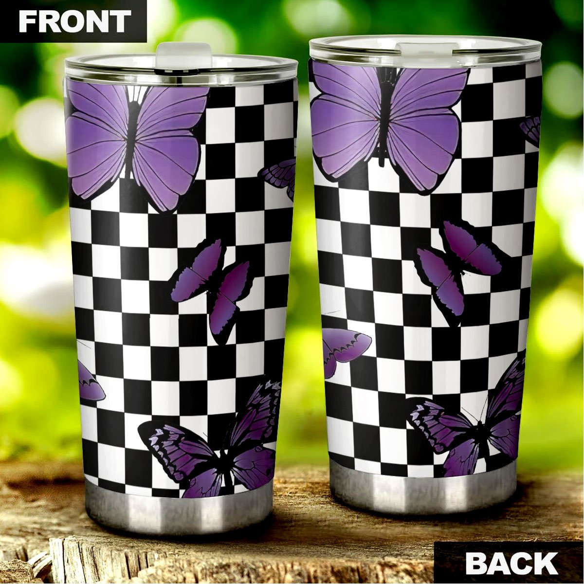 Purple Butterfly Tumbler Stainless Steel Custom Checkerboard Pattern - Gearcarcover - 2