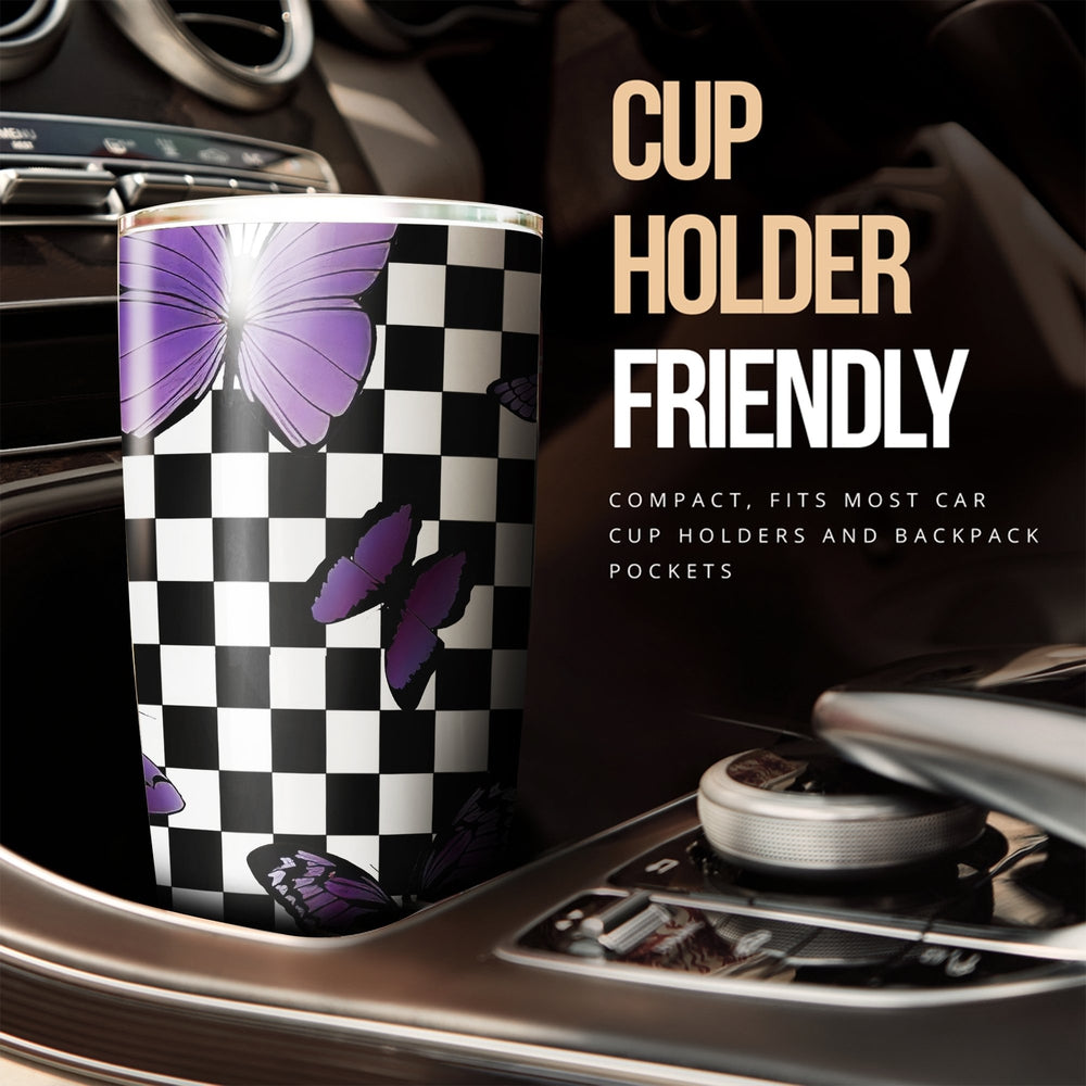 Purple Butterfly Tumbler Stainless Steel Custom Checkerboard Pattern - Gearcarcover - 3