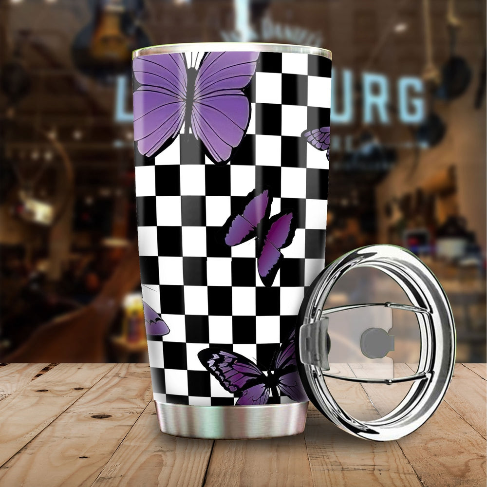 Purple Butterfly Tumbler Stainless Steel Custom Checkerboard Pattern - Gearcarcover - 1