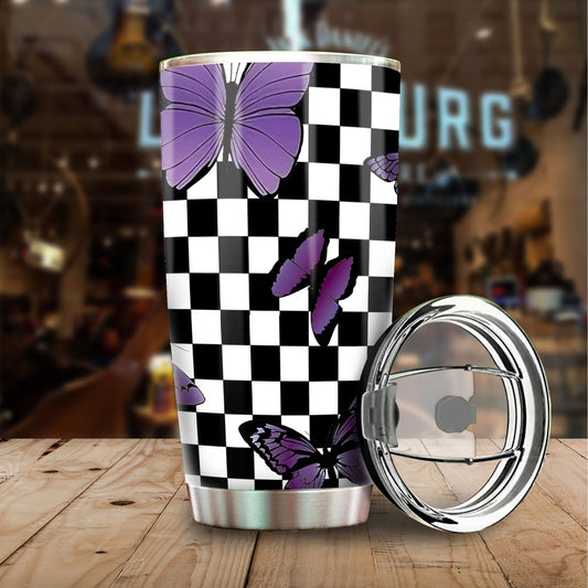 Purple Butterfly Tumbler Stainless Steel Custom Checkerboard Pattern - Gearcarcover - 1