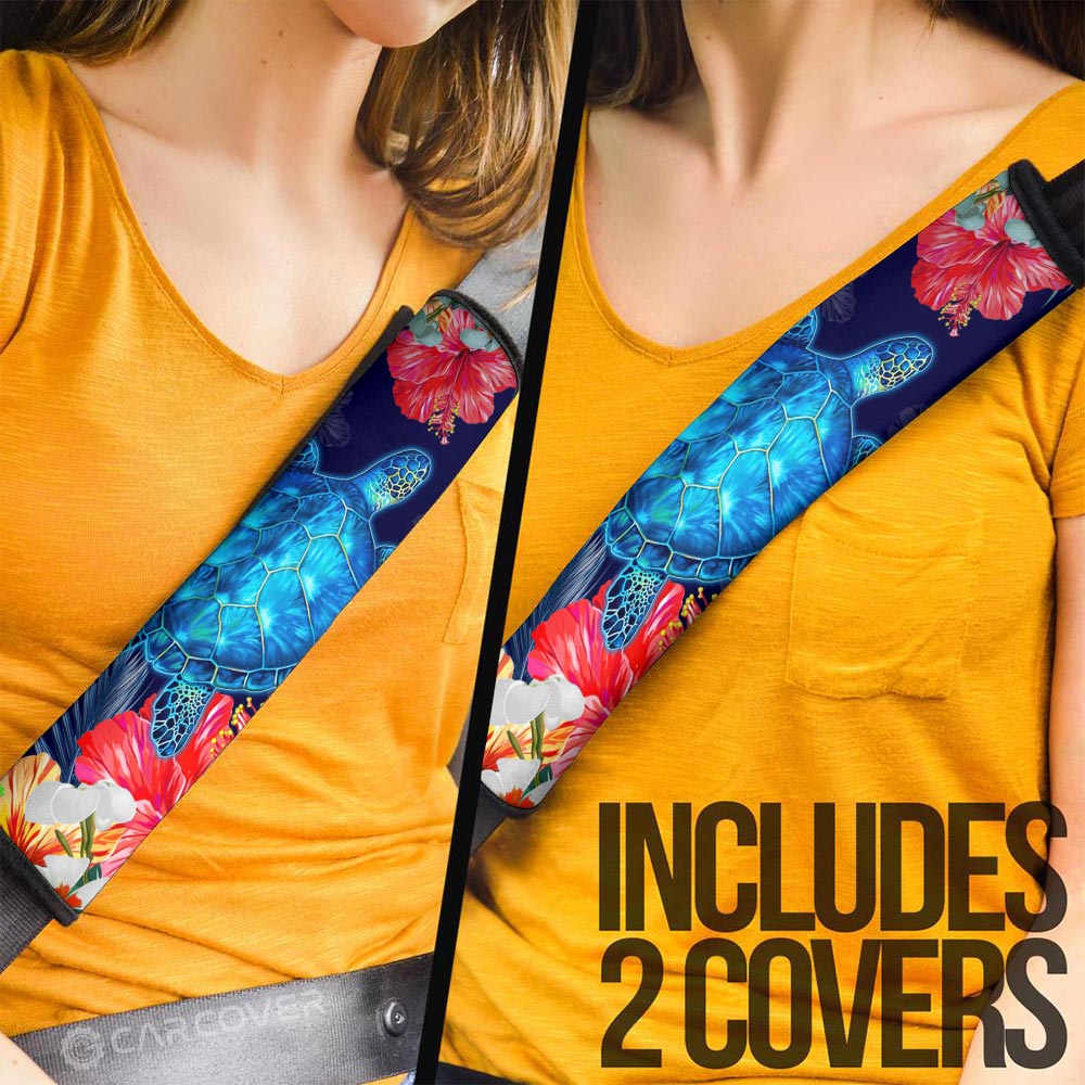 Sea Turtle Seat Belt Covers Custom Hibiscus Flower Car Accessories - Gearcarcover - 3