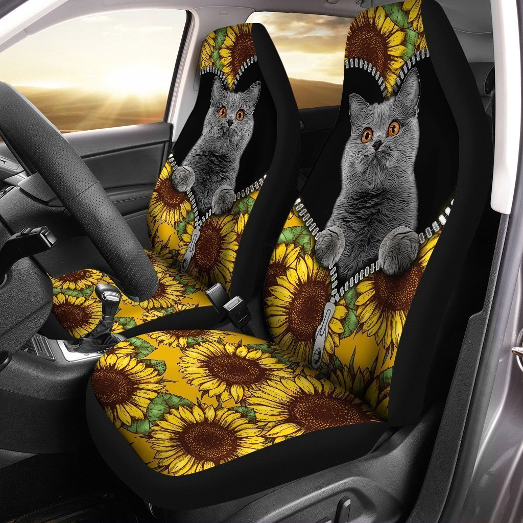 Sunflower British Short Hair Cat Car Seat Covers Custom Cat Car Accessories Gift Idea For Cat Lovers - Gearcarcover - 1