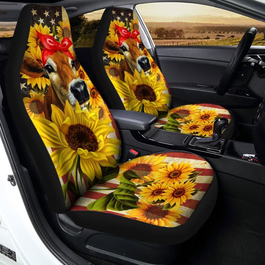 Sunflower Heifer Car Seat Covers Custom US Flag Car Accessories - Gearcarcover - 2