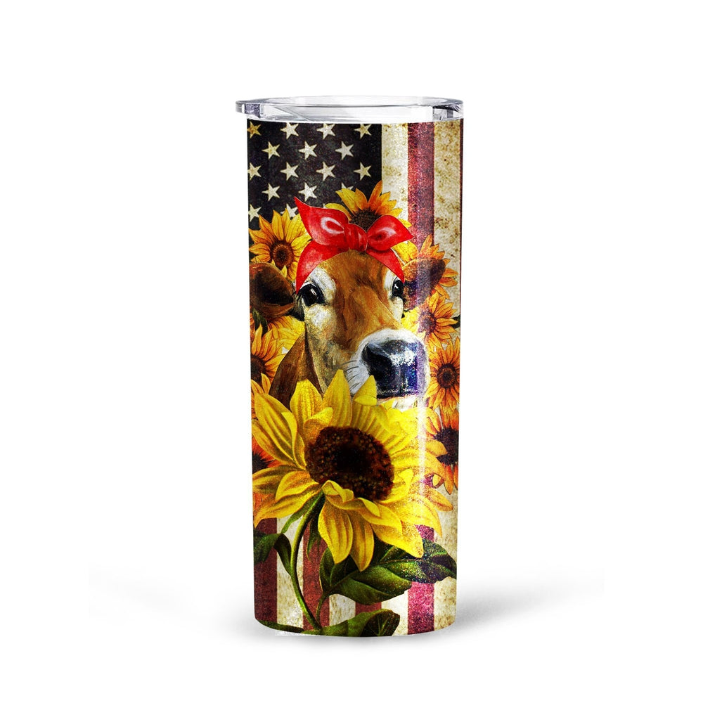 Sunflower Heifer Tall Glitter Tumbler Cup Custom American Flag Car Accessories - Gearcarcover - 3