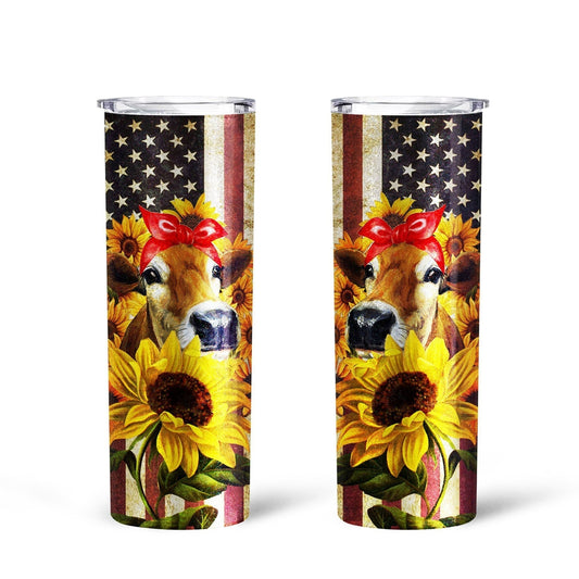 Sunflower Heifer Tall Glitter Tumbler Cup Custom American Flag Car Accessories - Gearcarcover - 2