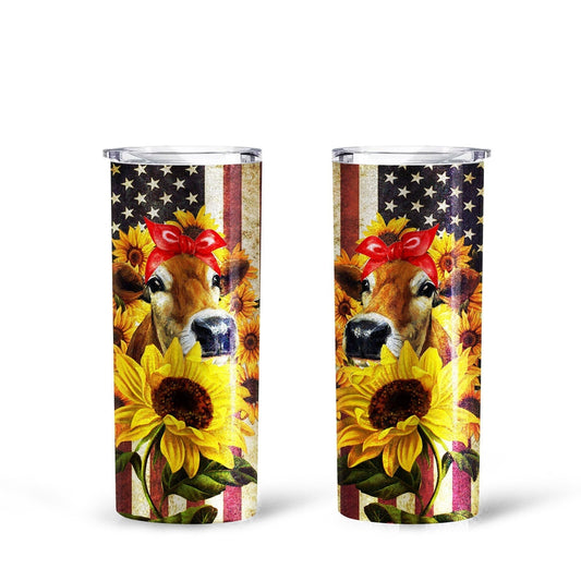 Sunflower Heifer Tall Glitter Tumbler Cup Custom American Flag Car Accessories - Gearcarcover - 1