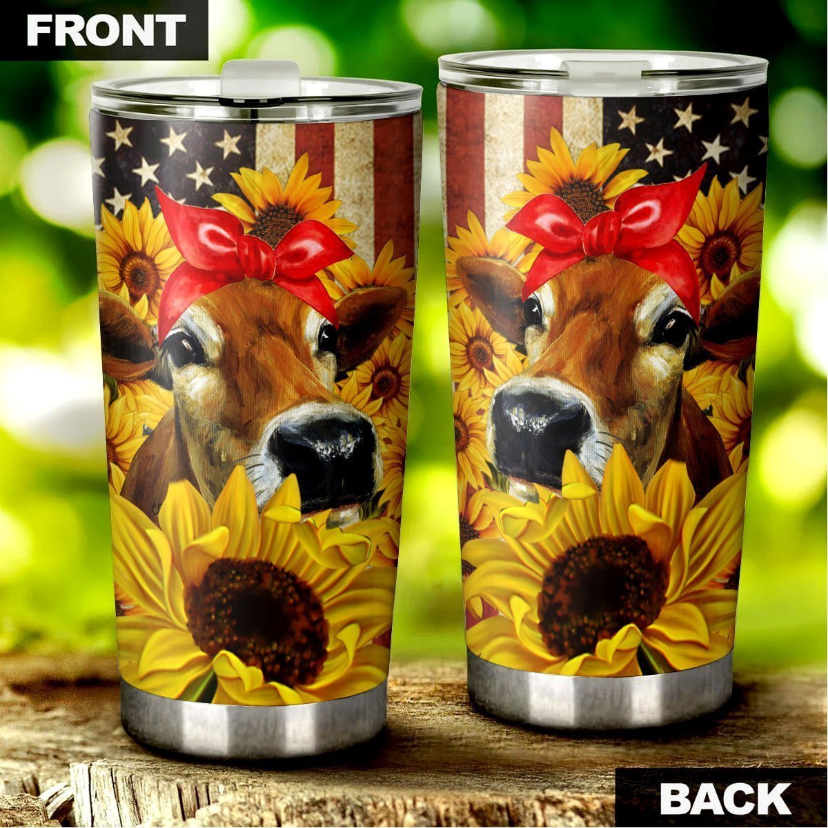 Sunflower Heifer Tumbler Cup Custom American Flag Car Accessories - Gearcarcover - 2