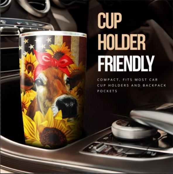 Sunflower Heifer Tumbler Cup Custom American Flag Car Accessories - Gearcarcover - 3