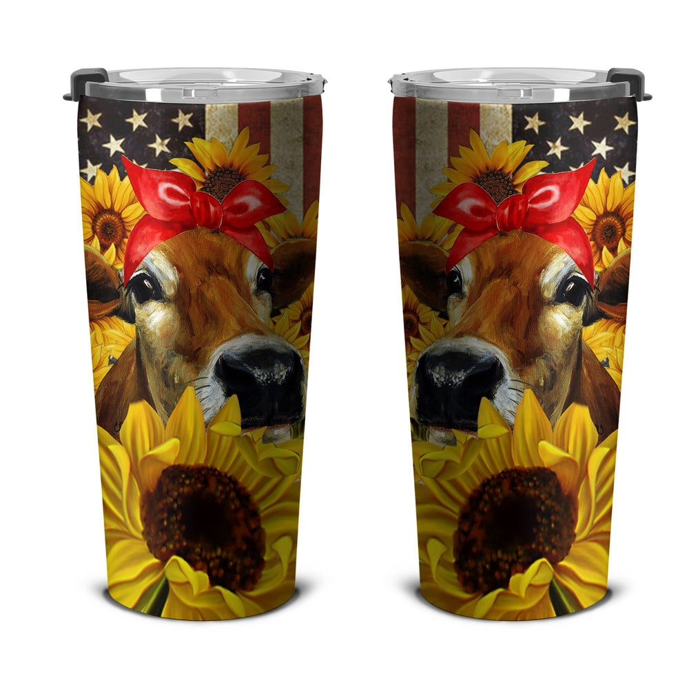 Sunflower Heifer Tumbler Cup Custom American Flag Car Accessories - Gearcarcover - 4