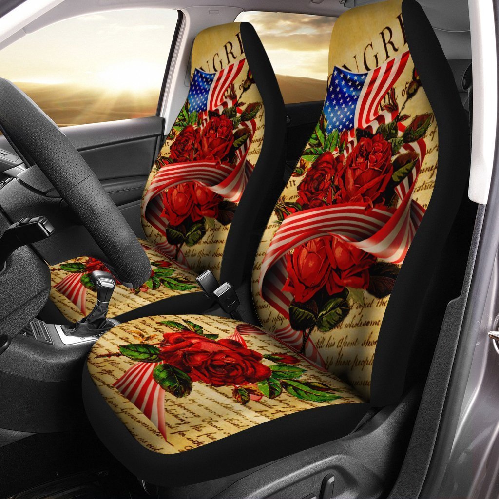 US Flag Red Rose Car Seat Covers Custom Car Accessories - Gearcarcover - 1