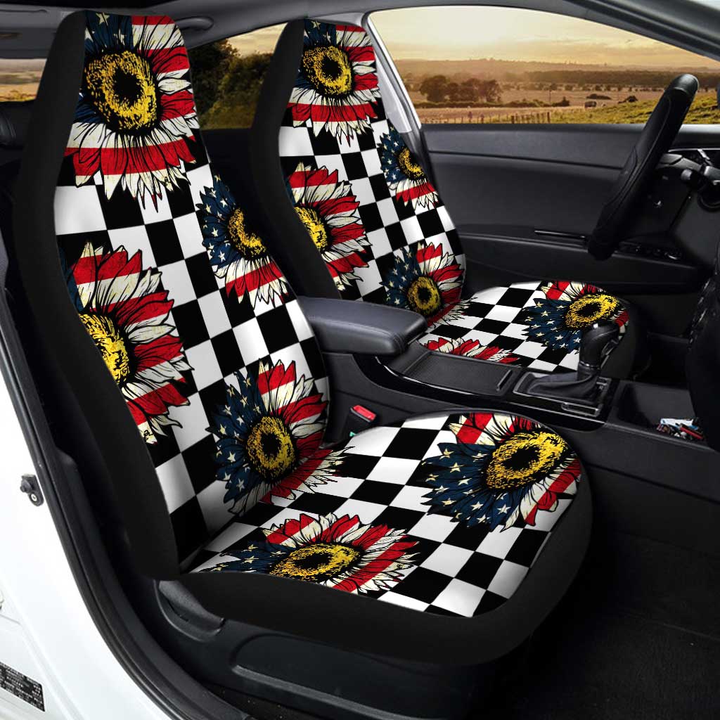 US Flag Sunflower Car Seat Covers Custom Checkerboard Car Accessories - Gearcarcover - 2