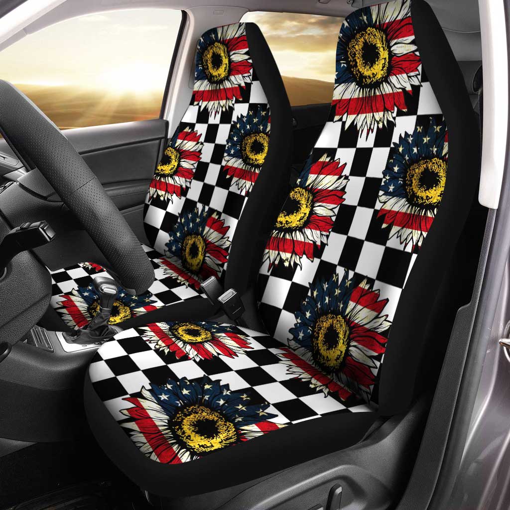 US Flag Sunflower Car Seat Covers Custom Checkerboard Car Accessories - Gearcarcover - 1