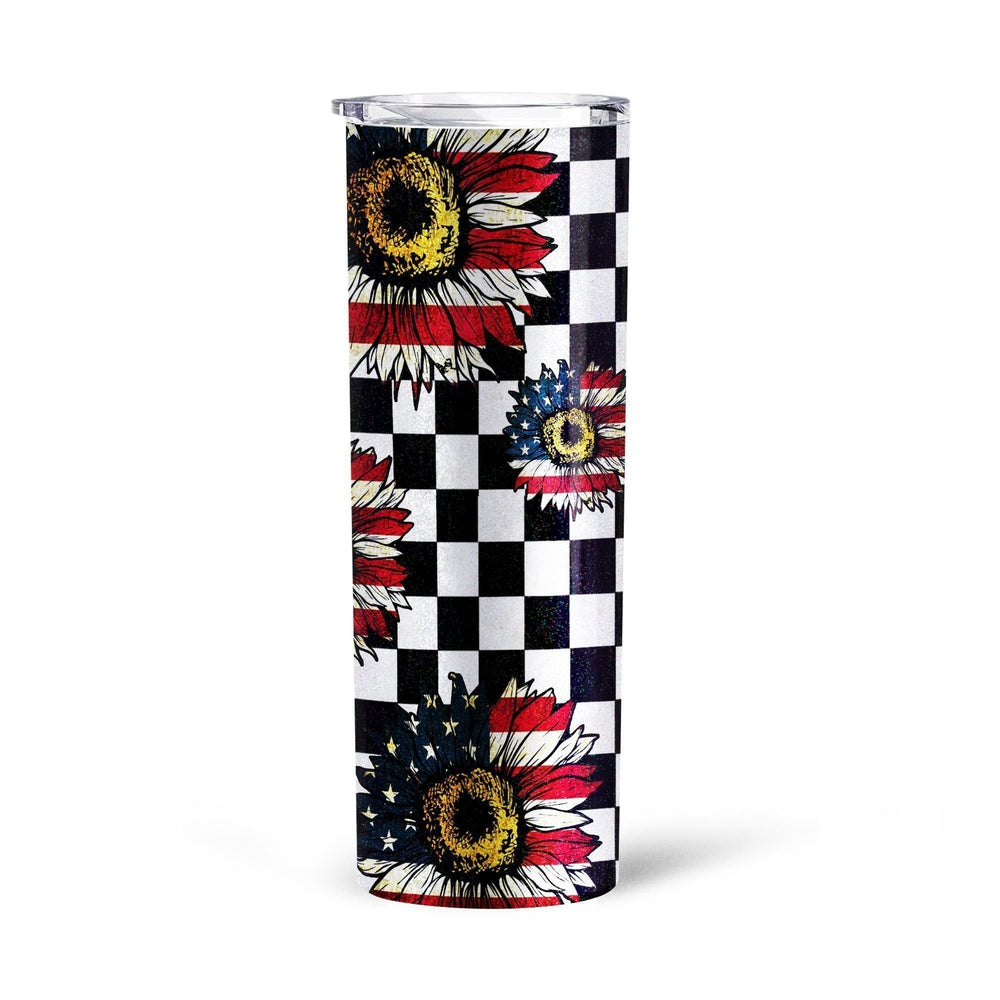 US Flag Sunflower Tall Glitter Tumbler Custom Checkerboard Pattern - Gearcarcover - 4