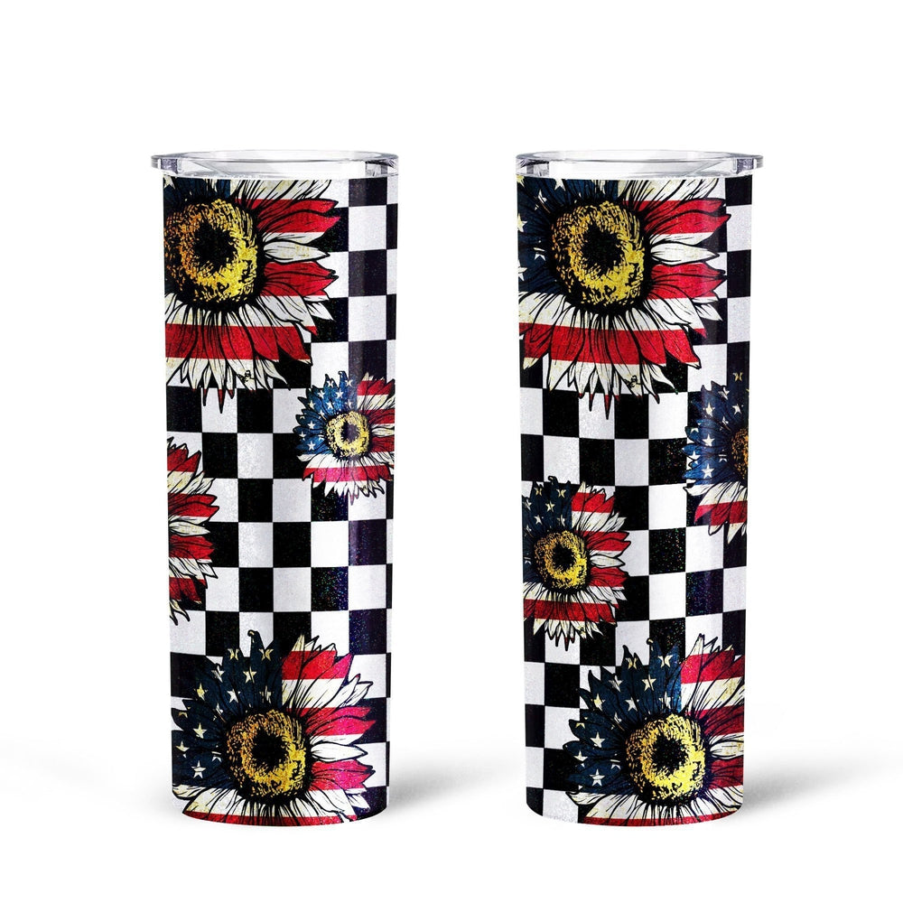 US Flag Sunflower Tall Glitter Tumbler Custom Checkerboard Pattern - Gearcarcover - 2