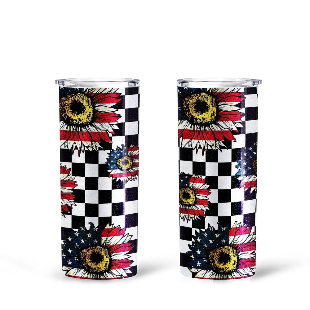 US Flag Sunflower Tall Glitter Tumbler Custom Checkerboard Pattern - Gearcarcover - 1