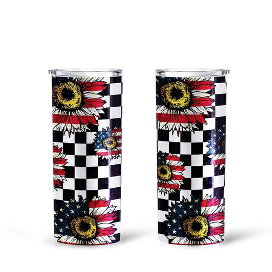 US Flag Sunflower Tall Glitter Tumbler Custom Checkerboard Pattern - Gearcarcover - 1